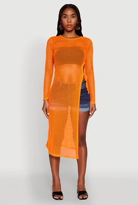 Womens Fishnet Drawstring Keyhole Side Slit Maxi Top,