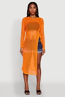 Womens Fishnet Drawstring Keyhole Side Slit Maxi Top, Orange, Size S