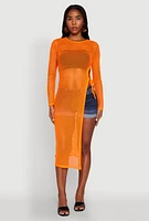 Womens Fishnet Drawstring Keyhole Side Slit Maxi Top, Orange, Size S