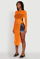 Womens Fishnet Drawstring Keyhole Side Slit Maxi Top, Orange, Size S