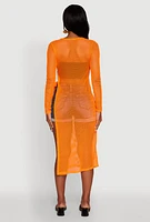 Womens Fishnet Drawstring Keyhole Side Slit Maxi Top, Orange, Size S