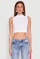 Womens Seamless Cable Knit Mock Neck Cropped Tank Top, White, Size S
