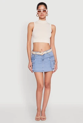 Womens Seamless Cable Knit Mock Neck Cropped Tank Top,
