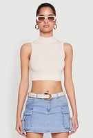 Womens Seamless Cable Knit Mock Neck Cropped Tank Top, M