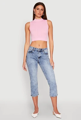 Womens Seamless Cable Knit Mock Neck Cropped Tank Top, Pink, Size S