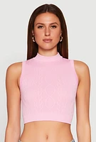 Womens Seamless Cable Knit Mock Neck Cropped Tank Top, Pink, Size S