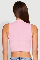 Womens Seamless Cable Knit Mock Neck Cropped Tank Top, Pink, Size S