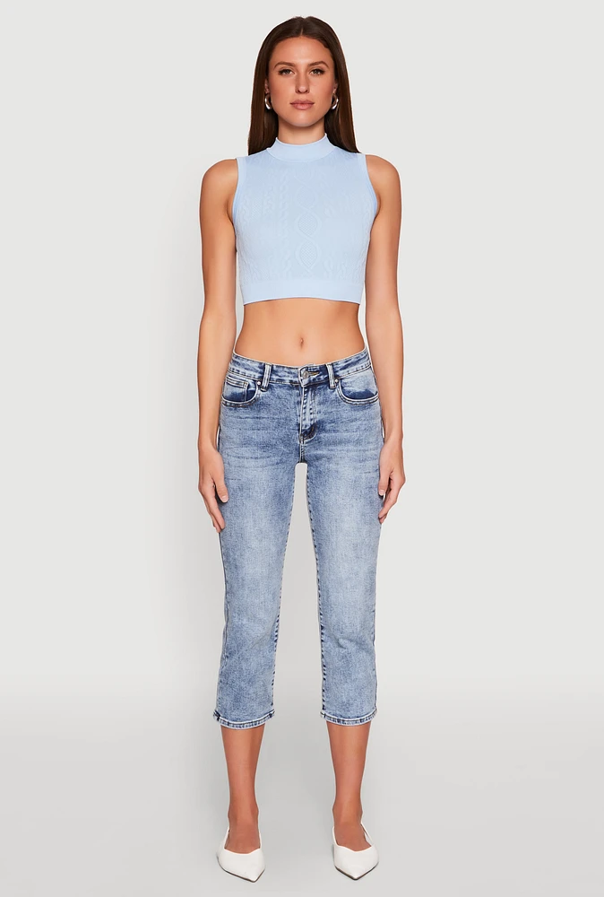 Womens Seamless Cable Knit Mock Neck Cropped Tank Top,