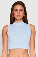 Womens Seamless Cable Knit Mock Neck Cropped Tank Top,