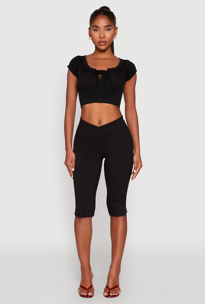 Womens Seamless Lace Up Cable Knit Crop Top,