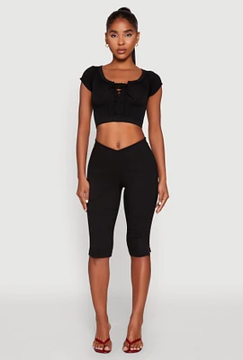 Womens Seamless Lace Up Cable Knit Crop Top,
