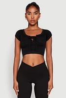 Womens Seamless Lace Up Cable Knit Crop Top,