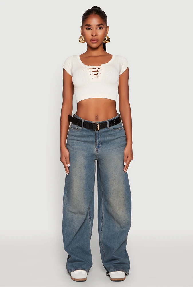 Womens Seamless Lace Up Cable Knit Crop Top,