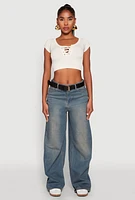 Womens Seamless Lace Up Cable Knit Crop Top,