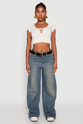 Womens Seamless Lace Up Cable Knit Crop Top,