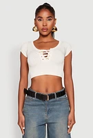 Womens Seamless Lace Up Cable Knit Crop Top,