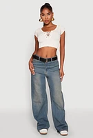 Womens Seamless Lace Up Cable Knit Crop Top,