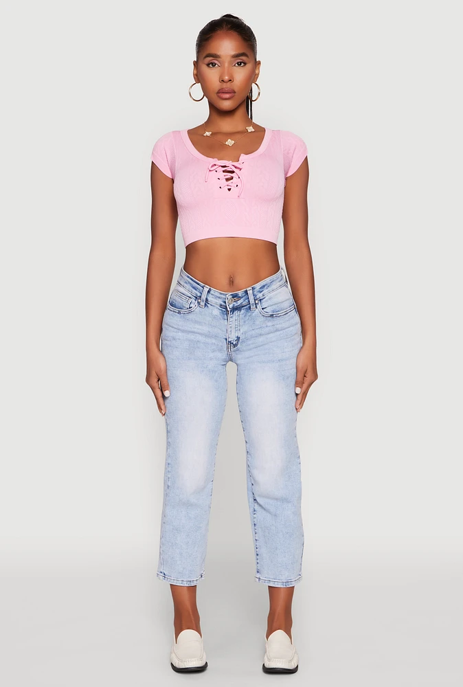 Womens Seamless Lace Up Cable Knit Crop Top,