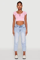 Womens Seamless Lace Up Cable Knit Crop Top,