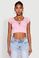 Womens Seamless Lace Up Cable Knit Crop Top,
