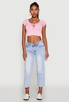 Womens Seamless Lace Up Cable Knit Crop Top,