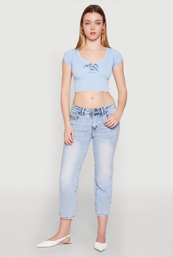 Womens Seamless Lace Up Cable Knit Crop Top, Blue, Size L