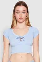 Womens Seamless Lace Up Cable Knit Crop Top, Blue, Size M