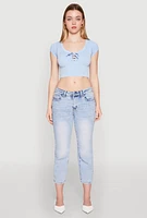 Womens Seamless Lace Up Cable Knit Crop Top, Blue, Size M