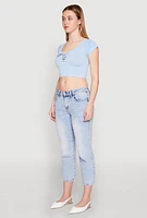 Womens Seamless Lace Up Cable Knit Crop Top, Blue, Size L