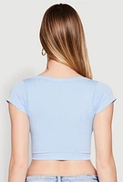 Womens Seamless Lace Up Cable Knit Crop Top, Blue, Size L