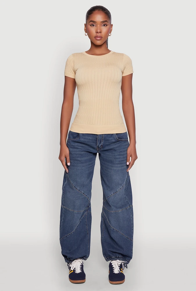 Womens Seamless Crew Neck Short Sleeve Top, Beige,
