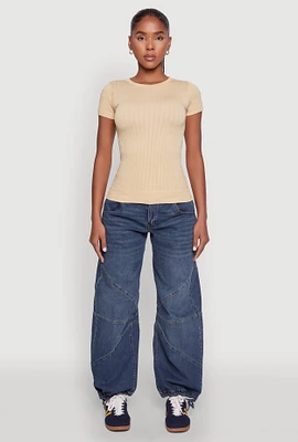 Womens Seamless Crew Neck Short Sleeve Top, Beige,