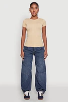 Womens Seamless Crew Neck Short Sleeve Top, Beige,