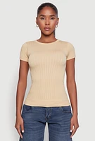 Womens Seamless Crew Neck Short Sleeve Top, Beige,