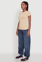 Womens Seamless Crew Neck Short Sleeve Top, Beige,