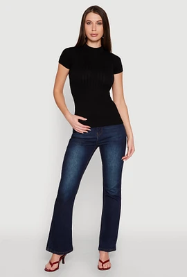 Womens Seamless Short Sleeve Mock Neck Top, Black,