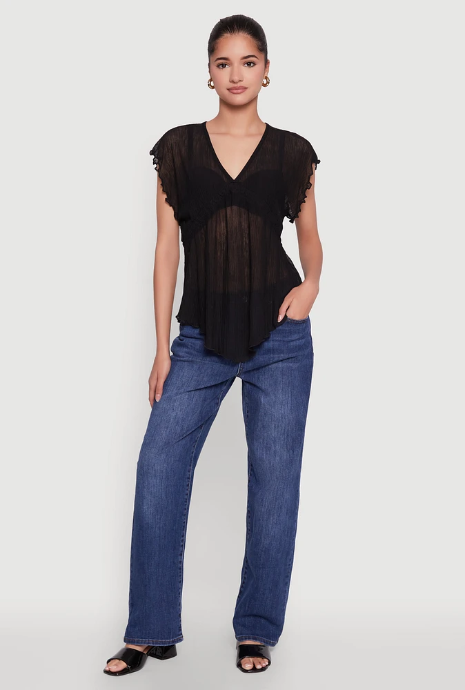 Womens V Neck Lettuce Edge Hanky Hem Blouse,