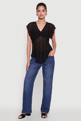 Womens V Neck Lettuce Edge Hanky Hem Blouse,