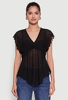 Womens V Neck Lettuce Edge Hanky Hem Blouse,