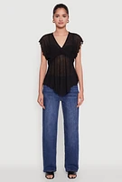 Womens V Neck Lettuce Edge Hanky Hem Blouse,