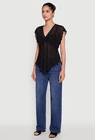 Womens V Neck Lettuce Edge Hanky Hem Blouse,