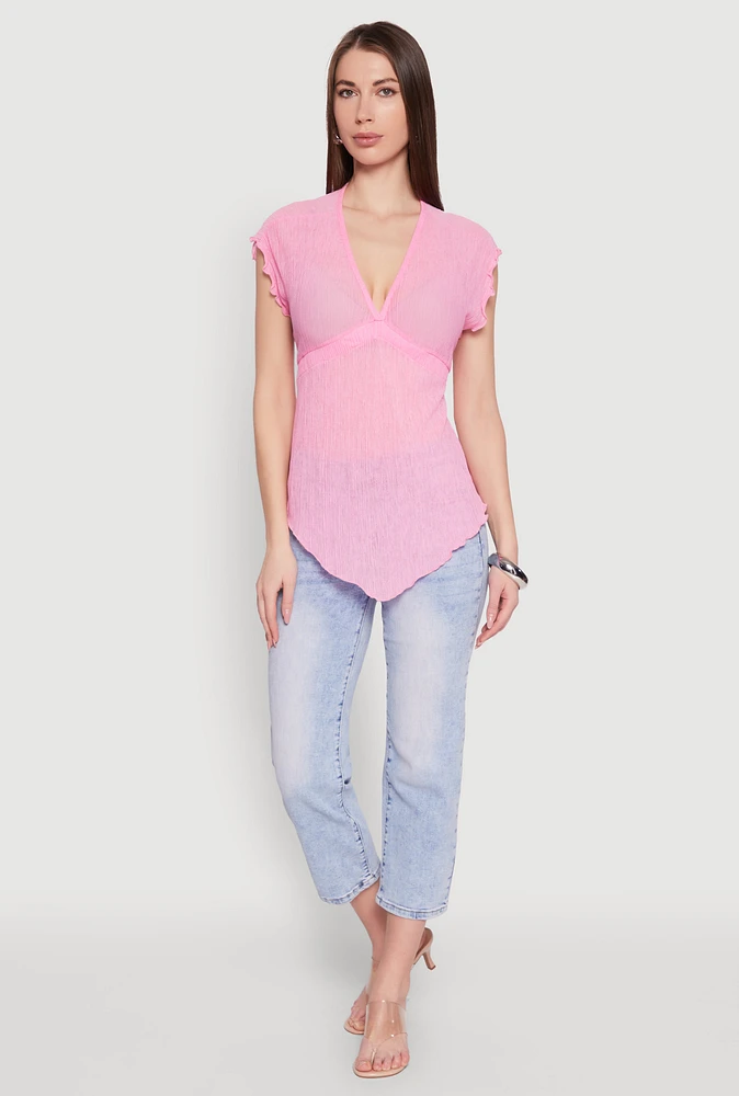 Womens V Neck Lettuce Edge Hanky Hem Blouse, Pink, Size M