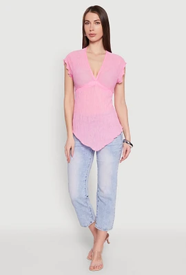 Womens V Neck Lettuce Edge Hanky Hem Blouse, Pink, Size M