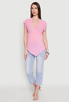Womens V Neck Lettuce Edge Hanky Hem Blouse, Pink,