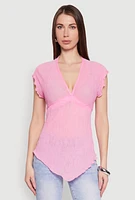 Womens V Neck Lettuce Edge Hanky Hem Blouse, Pink, Size M