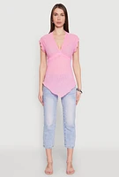 Womens V Neck Lettuce Edge Hanky Hem Blouse, Pink,