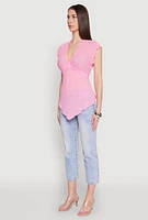 Womens V Neck Lettuce Edge Hanky Hem Blouse, Pink, Size M