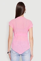 Womens V Neck Lettuce Edge Hanky Hem Blouse, Pink, Size M