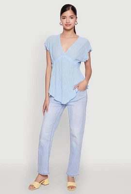 Womens V Neck Lettuce Edge Hanky Hem Blouse,