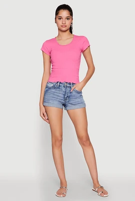 Womens Lettuce Edge Trim Basic Tee, Pink, Size S